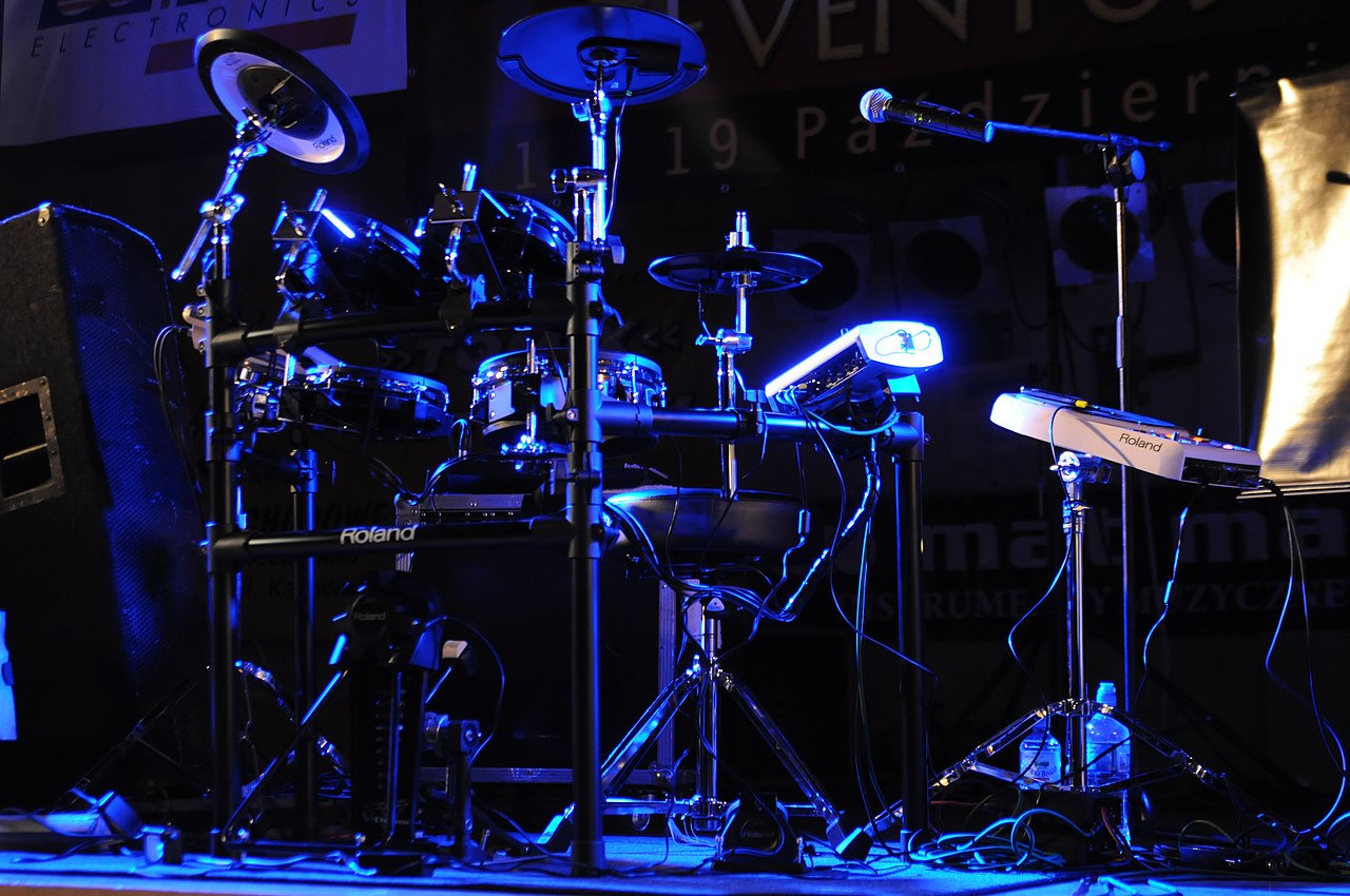 electronic drum kit setup on a stage.