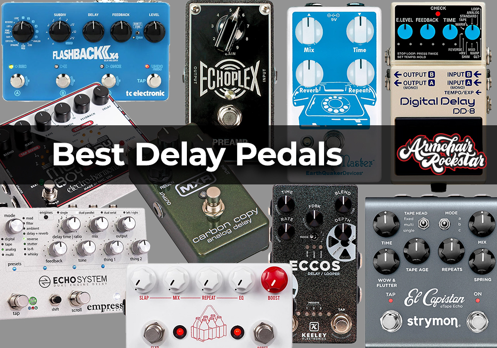 best delay pedals collage containing images of all 10 pedals in the article.