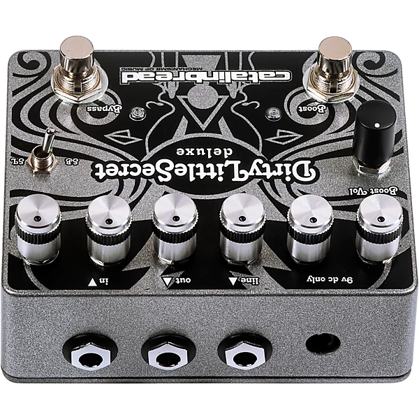 catalinbread dirty little secret deluxe top and front view showing inputs and outputs.